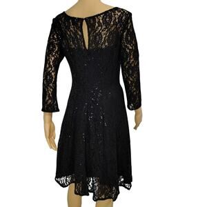 SLNY Black Sequined Illusion Lace Back Keyhole Fit Flare Knee Length Dress SZ 8